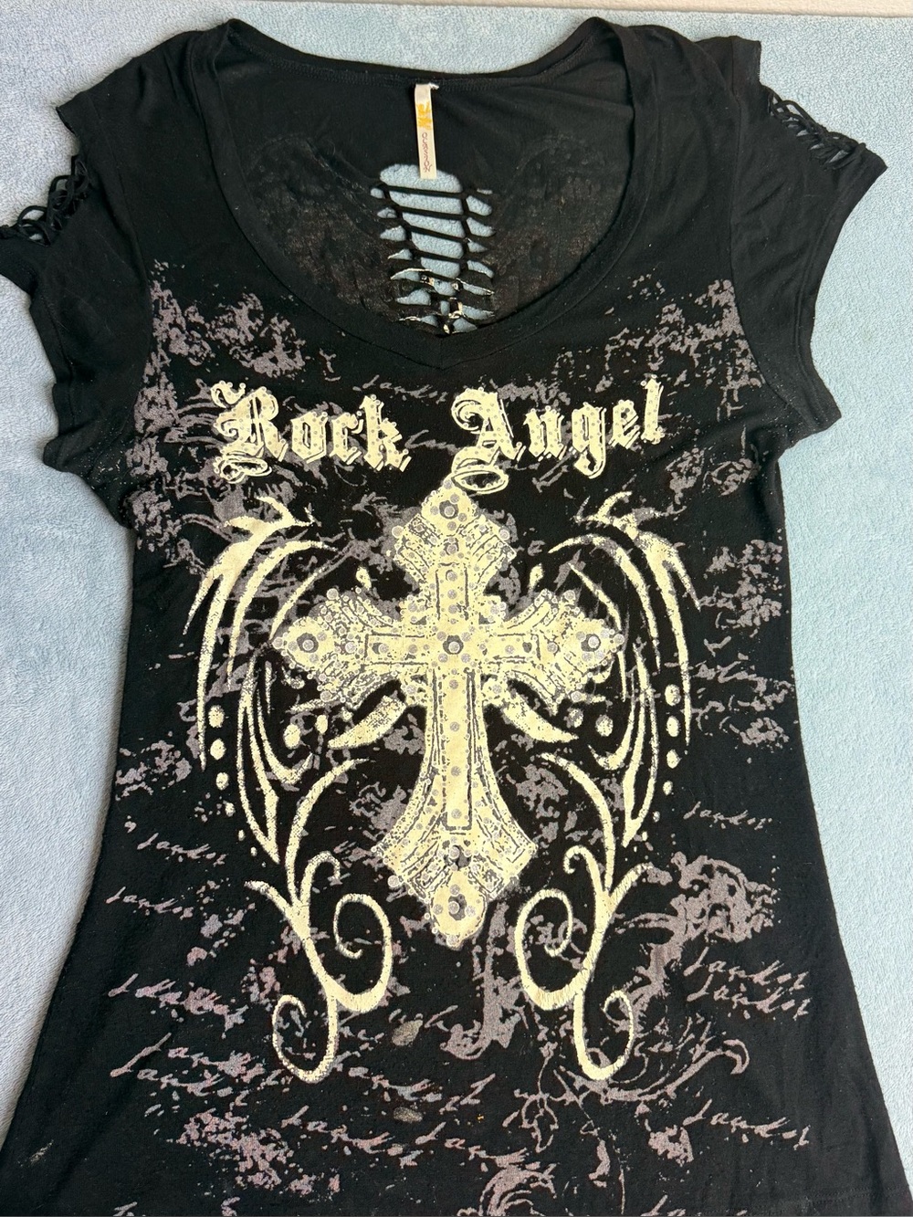 Cruel Girl Black Cross Rhinestone Graphic Top Lace Up Western Y2K Tunic